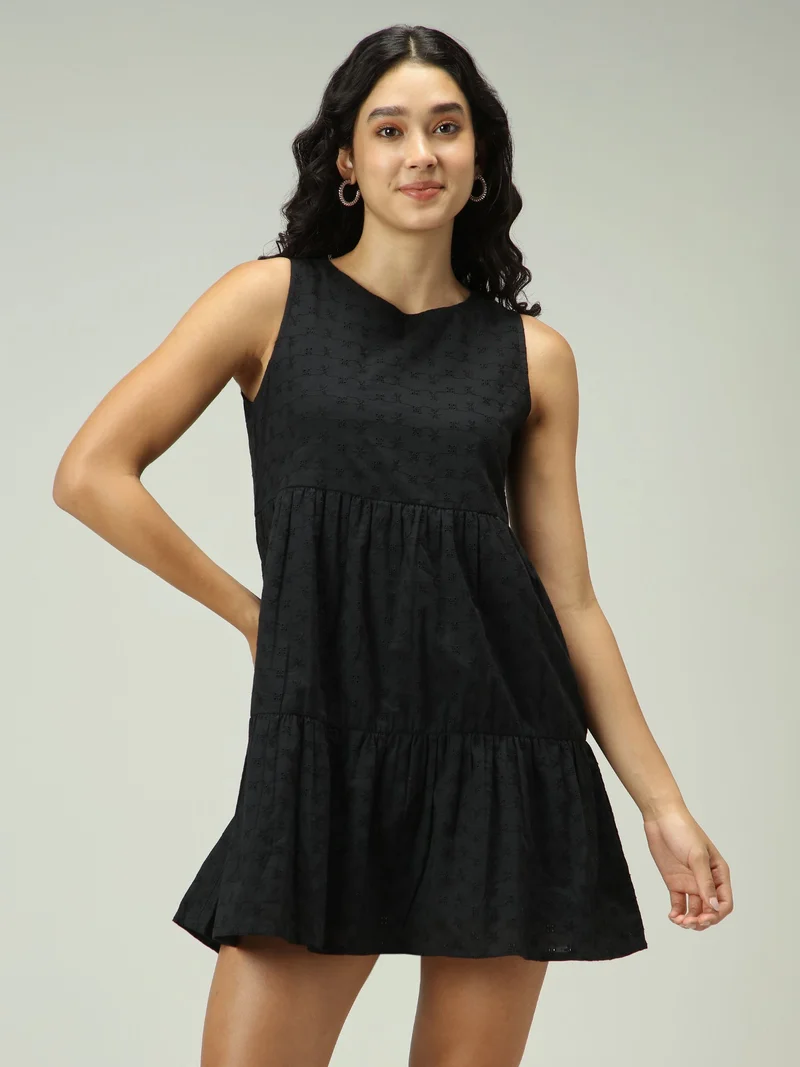 OUTZIDR Black Mini Tiered Schiffli Dress